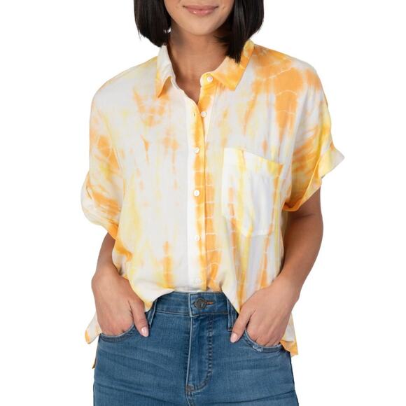 Kut From The Kloth Eden Button-Up Blouse Top S Cropped Orange Yellow Tie Dye - Picture 1 of 9